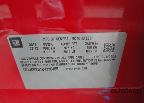 2012 Chevrolet Sonic 2Lt from USA, damaged, VIN 1G1JC6SB1C4226485